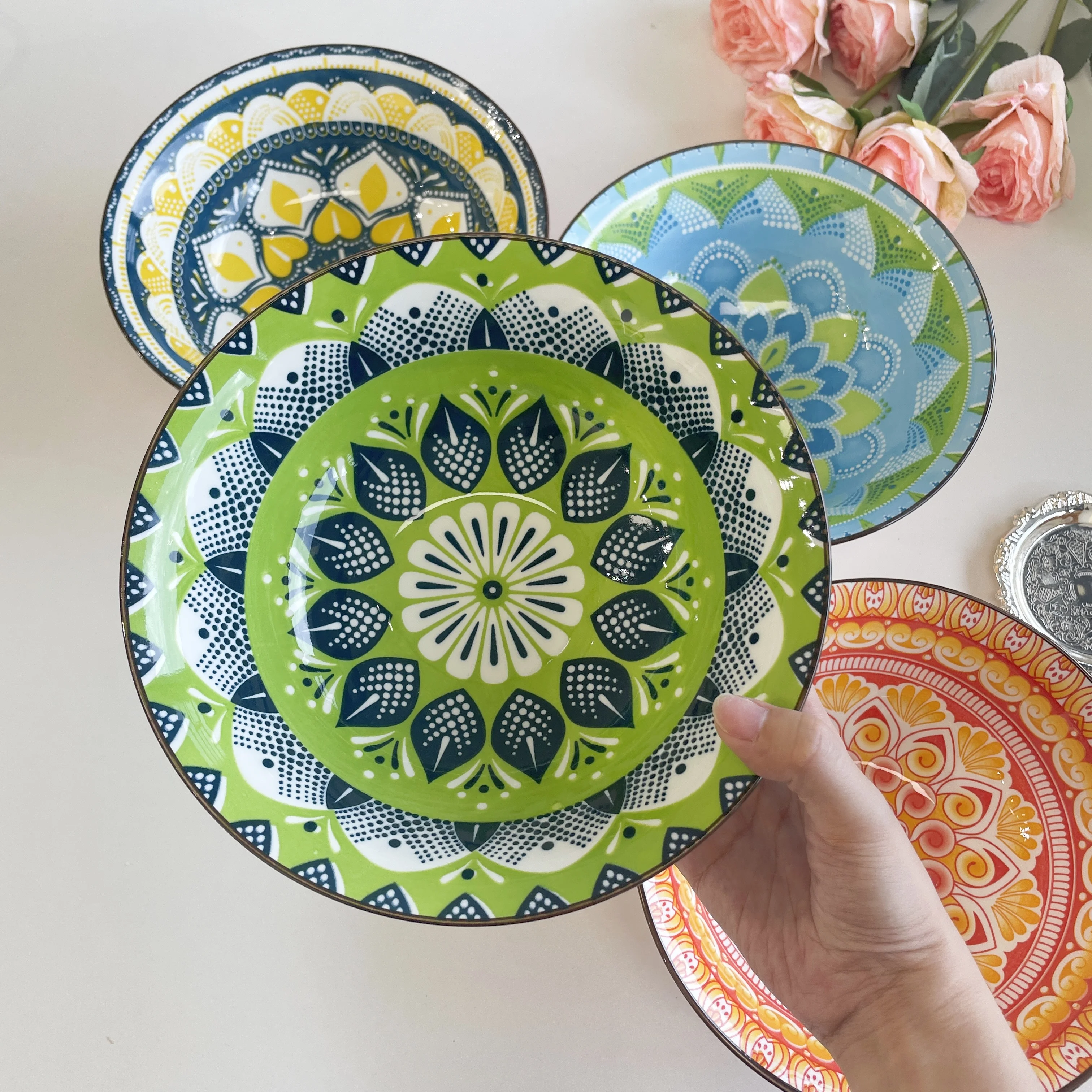 مجموعة أوعية حساء سيراميك بوهيمية مكونة من 4 قطع، آمنة للاستخدام في الميكروويف وغسالة الأطباق مقاس 8 بوصات، وعاء سلطة معكرونة رامين