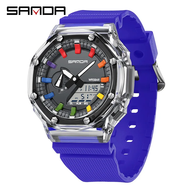ساعة SANDA Vitality النسخة الكورية الشفافة الإلكترونية متعددة الوظائف وحركة العرض المزدوجة للشباب والسباحة الرياضية