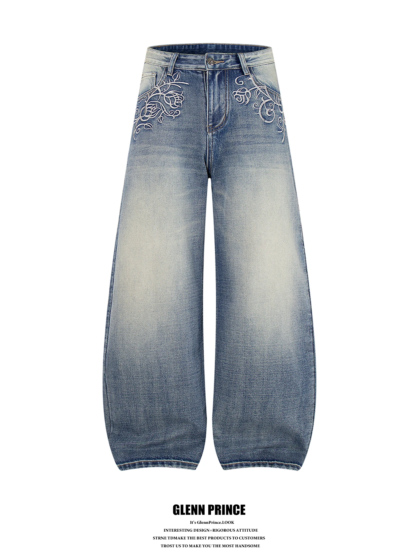 

Retro American Floral Embroidery Washed Vintage Jeans Men's 2026 New Design Sensation Bend Knife Pants Cotton Polyester Blend