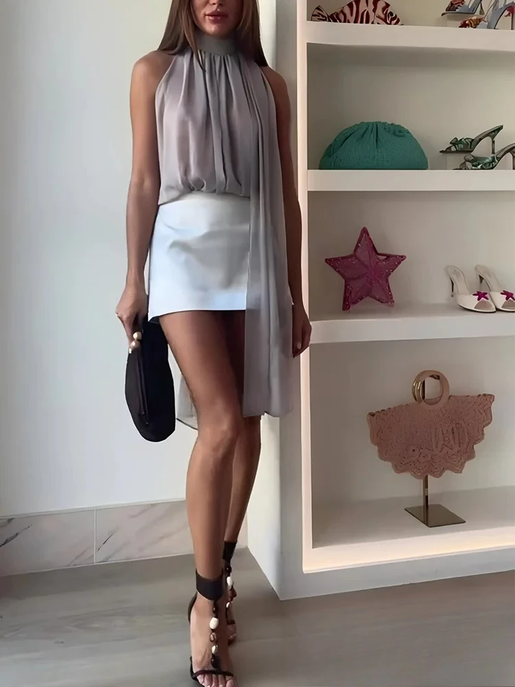 KONDALA Elegant Casual Chic Bodysuits Light Gray Bow Sleeveless Sheer Bodysuits New Fashion 2025 Summer Sheath Holiday Jumpsuits