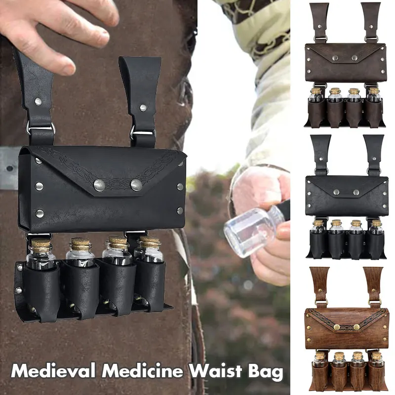 Medieval Witch Magic Potion Bottle Perfume Holder With 4 Bottle Steampunk Alchemy Flask Potion Pouch Belt Wizard Cosplay Props