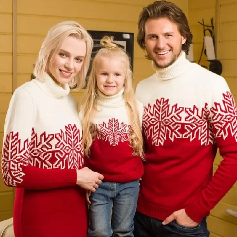 Christmas Family Look 2023 New Winter Dad Kids Turtleneck Full Sleeve Sweater Mom Knit Dress Soft Warm Thicken Jumpers Knitwear