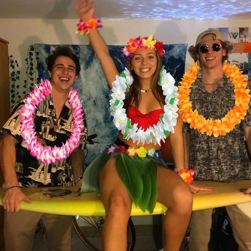 10Pcs Tropic Hawaiian Artificial Flower Necklace Aloha Luau Hawaii Theme Party Garland Summer Beach Wedding Birthday Party Decor