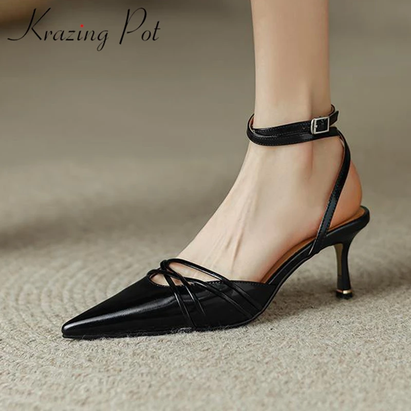 Krazing Pot Full Grain Leather Pointed Toe Stiletto Street Wear High Heels Ankle Straps Summer Hollow Out Wedding Beauty Pumps