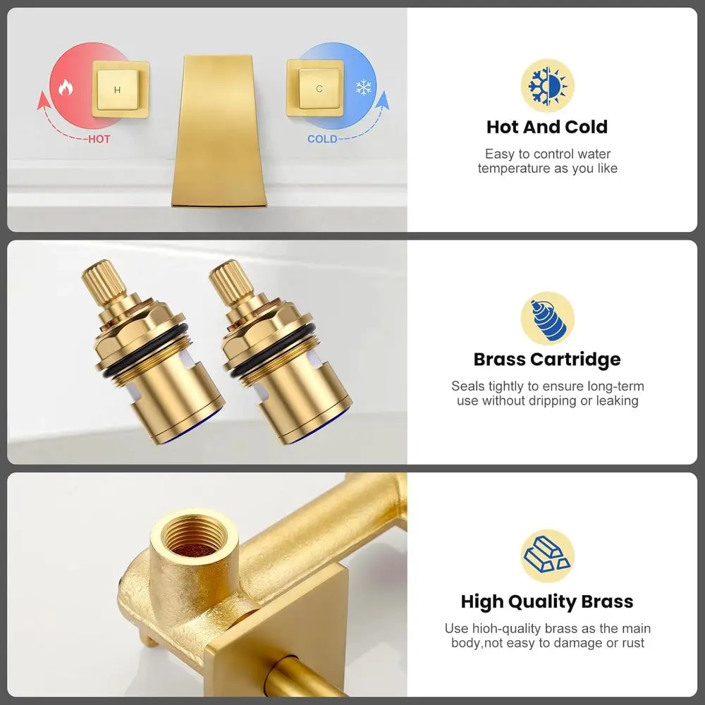 Modern Dual Handle Wall Mount Sink Faucet for Vanity, Lavatory, and Restroom in Brushed Gold Finish with 3 Holes