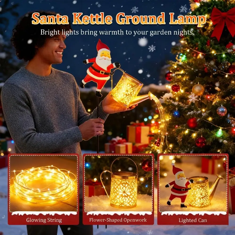 Multicolor Christmas Solar Kettle Lights Hanging Waterproof Santa Claus Watering Can with LED Light Vintage