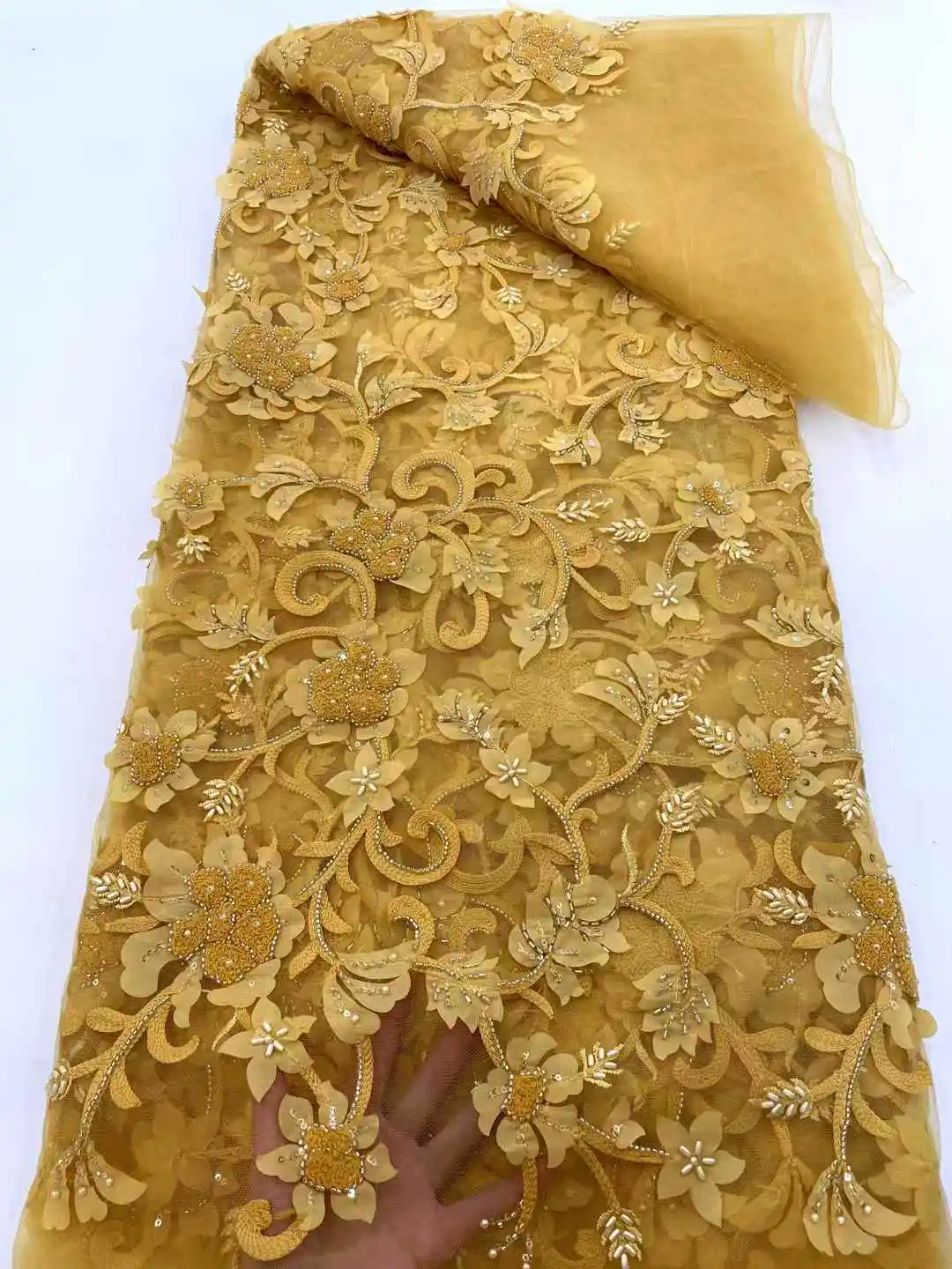 

French Lace Fabric With Sequins Beaded Hot Selling 3D Lace 2025 High Quality Tulle Lace Fabric For Bride Sewing Nigerian Lace