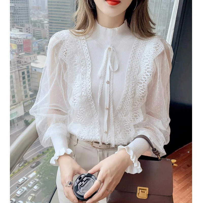 Women Stylish Lace Patchwork Vintage Elegant Slim Knitwear Spring Autumn Half High Collar Long Sleeve Pullover Blouses Chic Tops