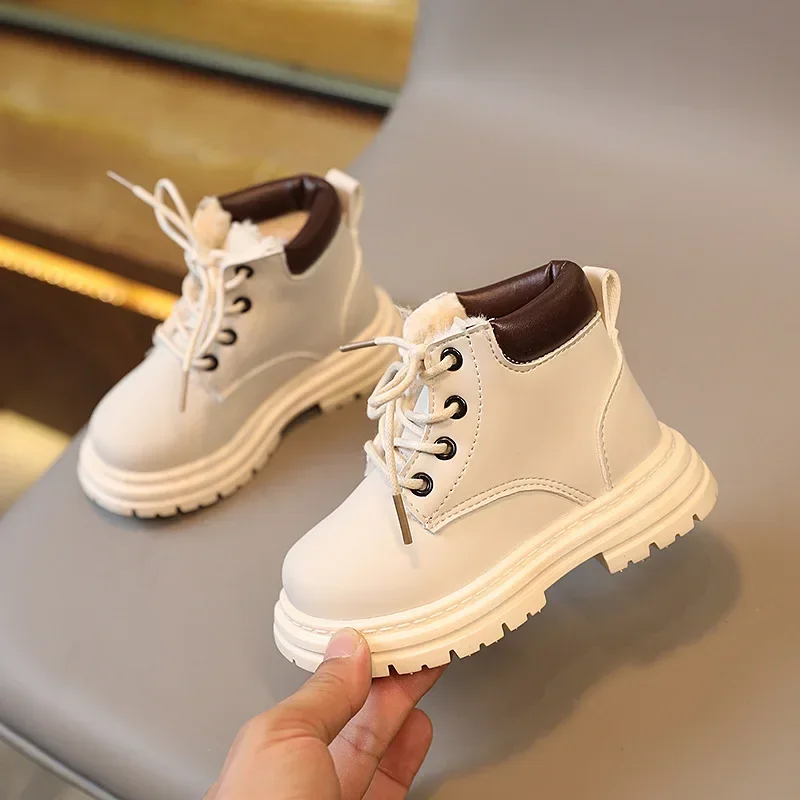 2024 Children Casual Shoes Winter Plush Boots Boy Shoes Fashion PU Leather Soft Antislip Girl Boots Baby Kids Sport Shoes