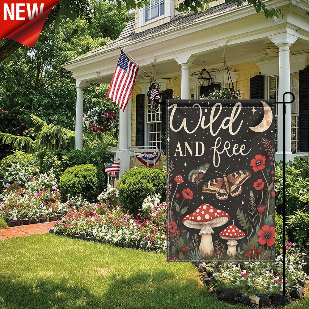 

1PC, Wild and Free Night Garden Flag Cottagecore Mushroom Butterfly Floral Outdoor Decor Banner