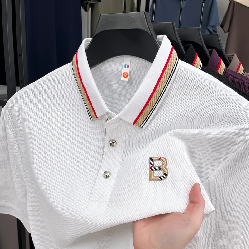 

Высококачественные бренды чистые хлопковые короткие рукава рубашки Polo мужские летние комфортабельные воздухопроницаемые буквы тиснение модные цветные полоски декоративные лацканы футболки