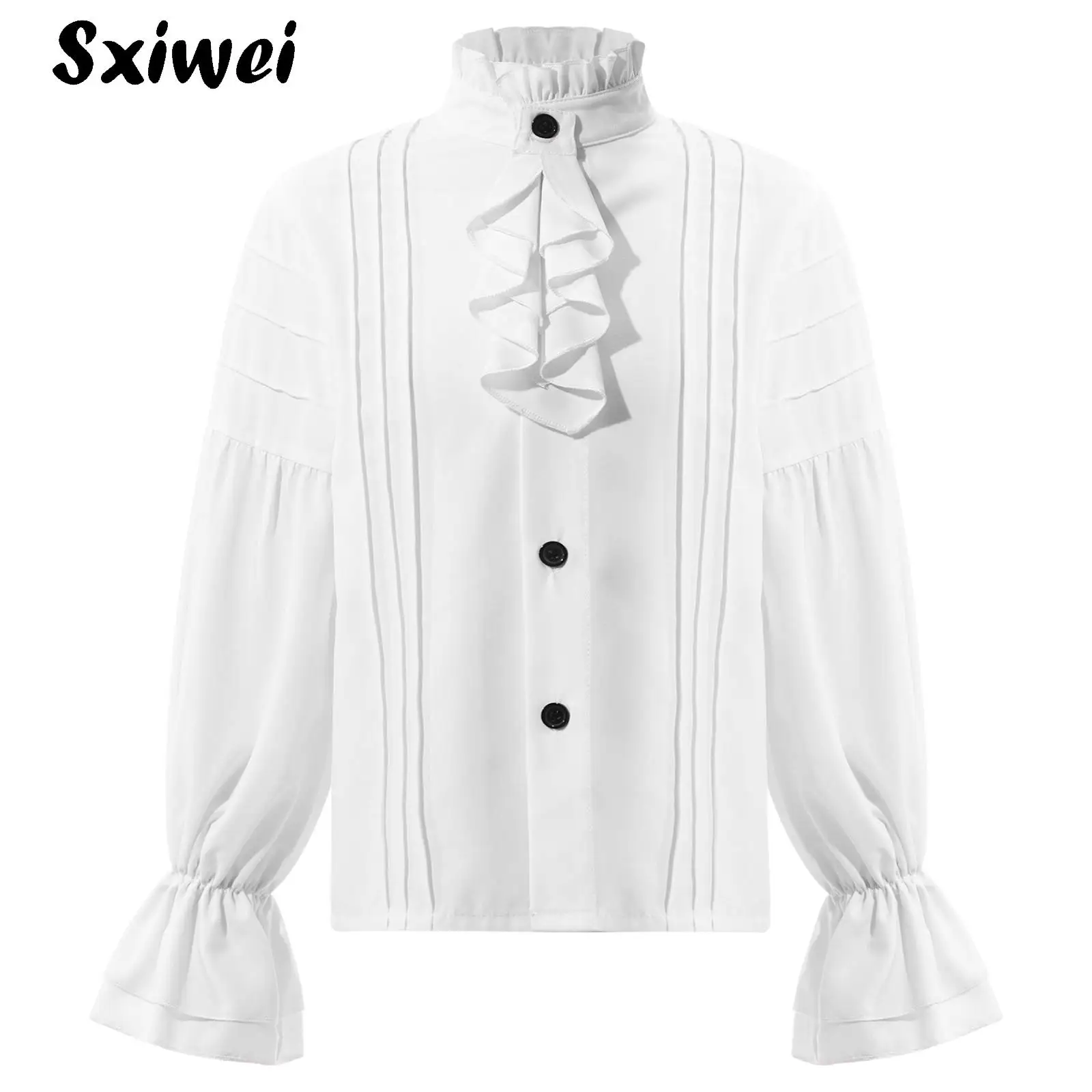 

White Medieval Pirate Ruffle Shirts for Kids Boy Retro Renaissance Steampunk Victorian Costume Halloween Cosplay Retro Tops