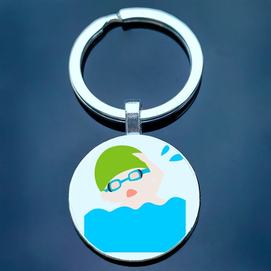 New swimming sport logo cute cartoon character glass key chain, love swimming men and women must buy