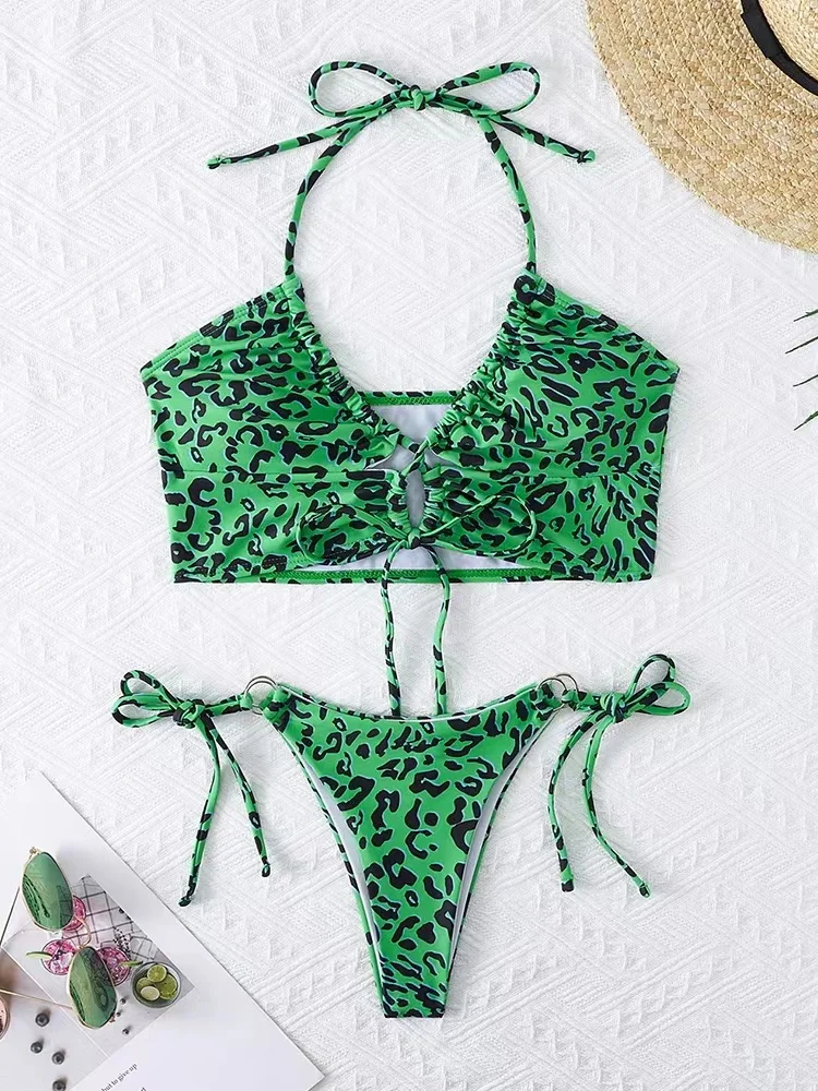 Bikini Damski Strój Kąpielowy 2025 Nowy Leopardowy Top typu Halter Zestaw Bikini Sexy Wysoki Stan Kostium Kąpielowy Letnia Odzież Plażowa Strój Kąpielowy Damski