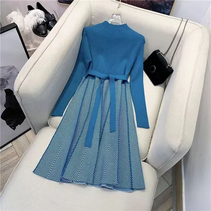 

Spring/Autumn Sweater Dress Women's Turtleneck Thick Knitted A-Line Striped Lace Up High Waist Mid Long Sleeve Elegtant Dress