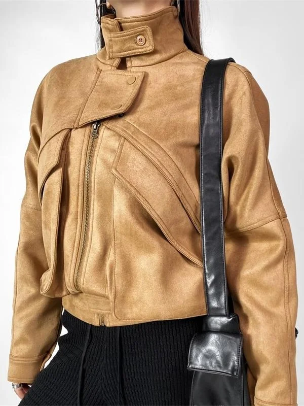 Keyanketian Cappotto versatile allentato da donna in pelle scamosciata retrò ort Jaet Hong Kong Sle Long Sve Chiusura con cerniera Colore