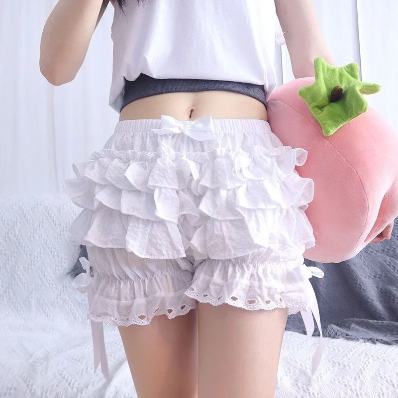 Summer Y2k White Ruffle Shorts Women's Fashion Pumpkin Panties Cute Sweet Lace Bowknot Safety Shorts Pants Vintage Bloomers 2025