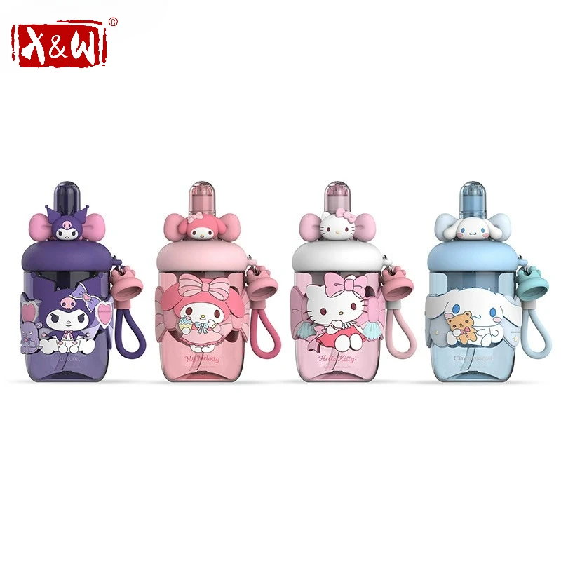 X&W Sanrio Cinnamoroll Kuromi Wasserbecher für Kinder, auslaufsicher, Tee-Wasser-Trennung, Tritan-Strohbecher, tragbarer Wasserbecher für den Außenbereich, Geschenk