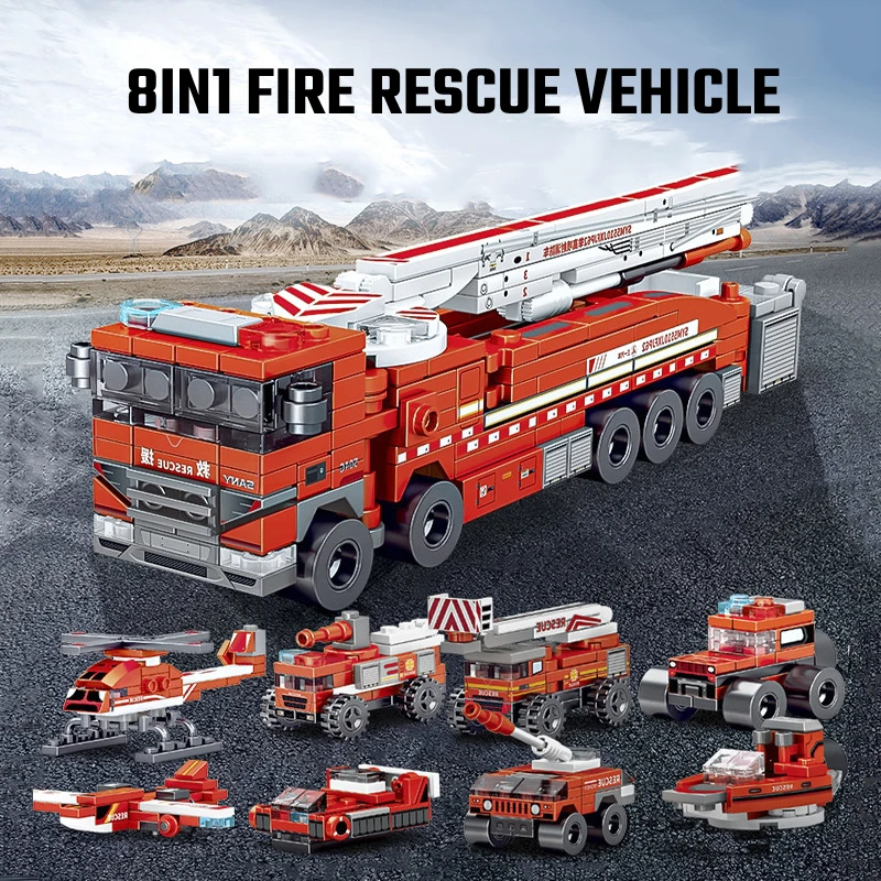 SEMBO 8IN1 High Jet Rescue Fire Truck Building Blocks Kits MOC Firefighting Vehicles Aircraft DIY Bricks Toys For Children Gifts