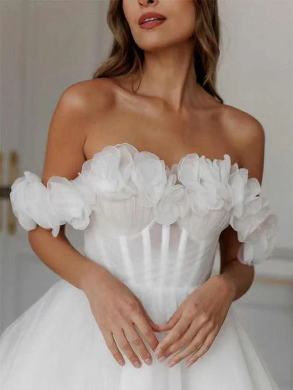 Off Shoulder 3D Floral Corset Mini Wedding Dress Puffy Tulle Ball Gown Lace Up Back Short Bridal Dress Elopement Engagement Part
