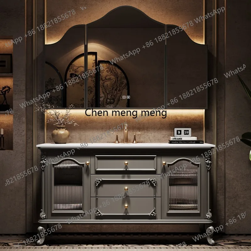 

Французский ретро-шкаф для ванной из дуба с интегрированной раковиной из каменной плиты, изготовленной методом горячей гибки, на заказ