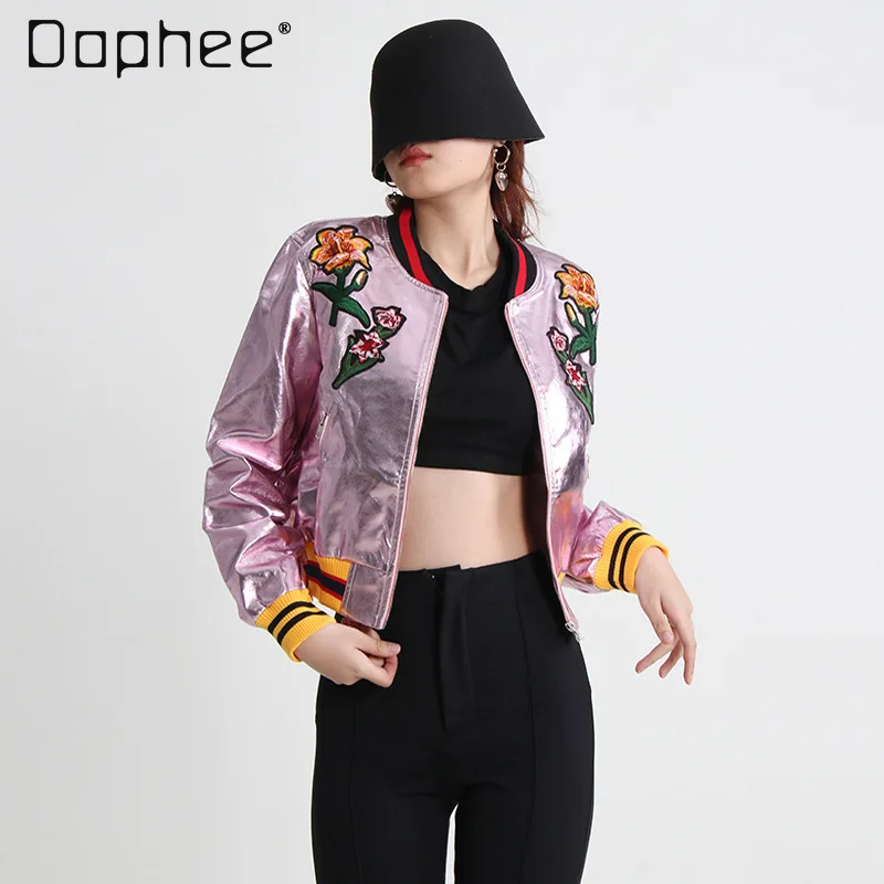 

American Retro Embroidery Flower Short Baseball Jacket Zipper Bomber Coat Tops Contrast Color Casual Spring Autumn Outwear