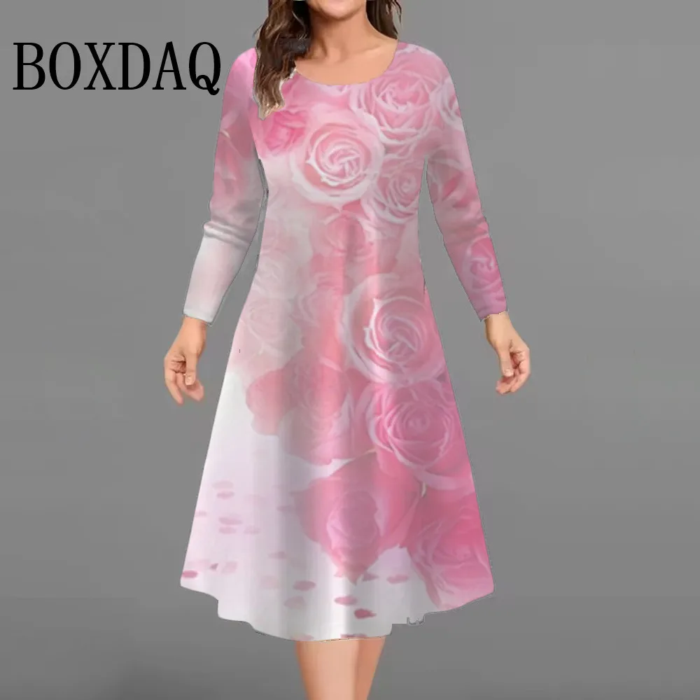 Pink Rose Flower Women's Mini Dresses Autumn Winter Fashion 3D Print Long Sleeve Dress Plus Size Casual Loose A-Line Party Dress