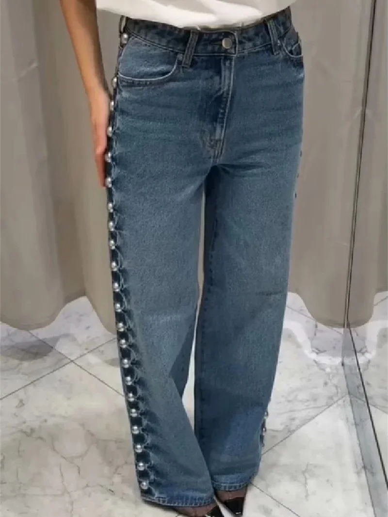 Verão novo feminino n sle versátil meados de cintura perna reta jeans metal rebite decorado casual calças compridas suporte ajuste