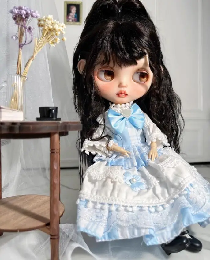 1PCS Retro tyle clothes blythe doll outfit blue bow one piece dress 1/6 30cm(Fit for Pullip,Ob22/24/26, Licca)