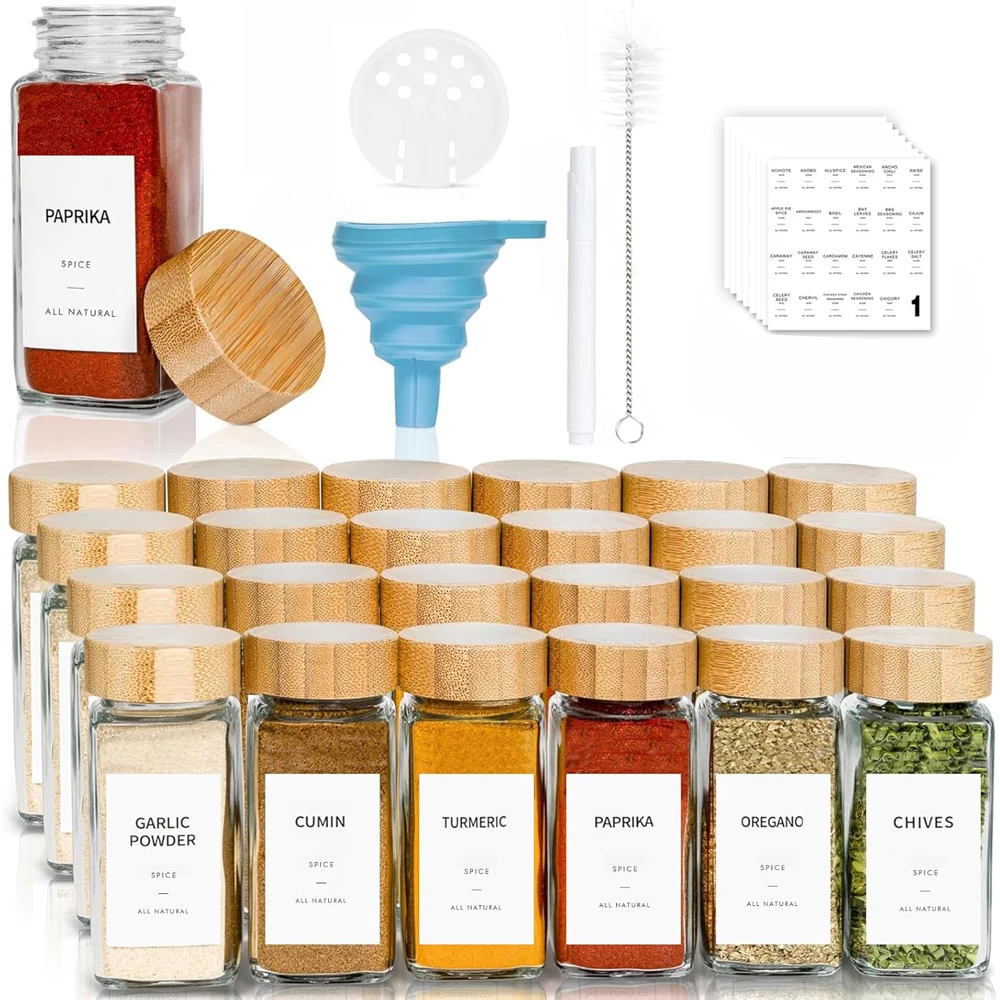

Glass Spice Jars with Bamboo Lids, 4 oz Glass Jars with Minimalist Farmhouse Spice Labels Stickers Funnel, Seasoning Bottles