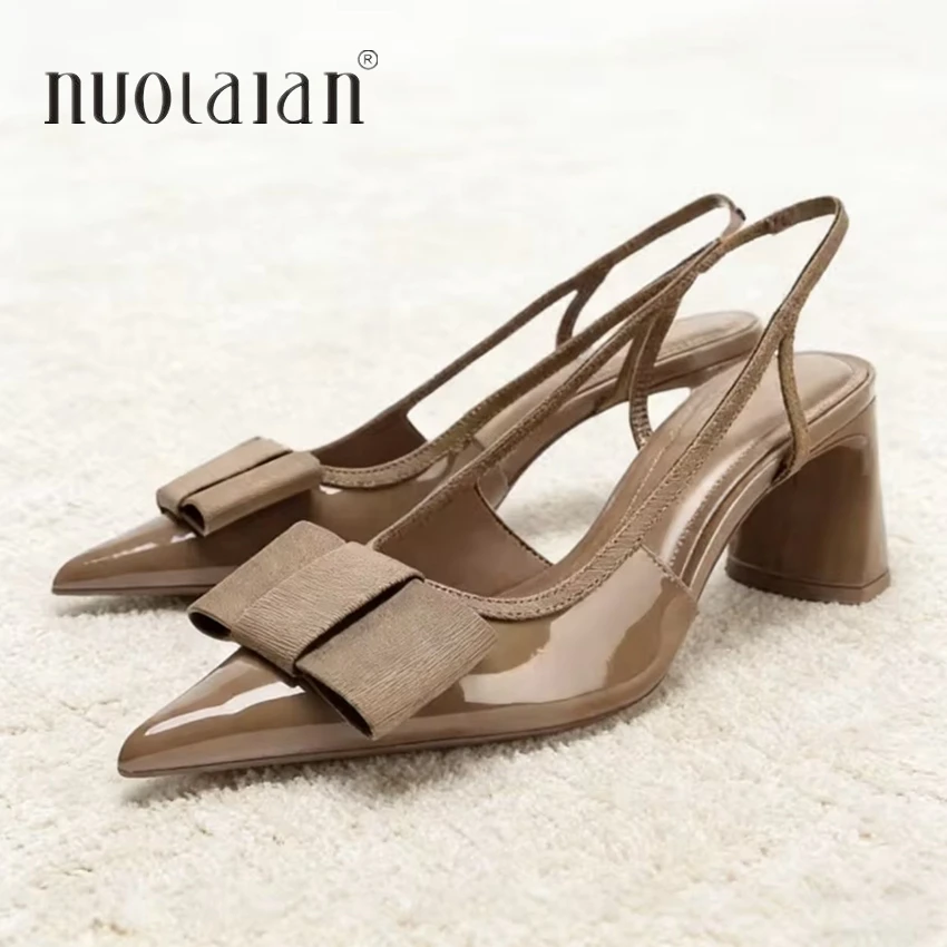 Sandales d'été en cuir verni à bout pointu pour femme, élégantes avec nœud décoratif, talons épais, escarpins de luxe de créateur pour femmes