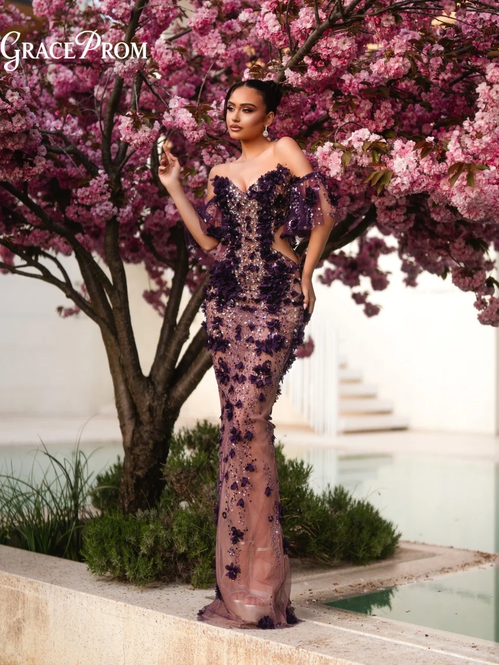 

Regal 3D Floral Appliques Evening Gown Off Shoulder Purple Sheer Beaded Party Dress Wedding Guests Prom Formal Wear فساتين سهرة