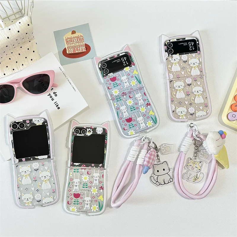 Phone Cases For Samsung Galaxy Z Flip 6 5 4 3 ZFlip6 Z Flip6 ZFlip 6 Cute Flower Cat Bracelet Cat Ears Shockproof Back Cover image 2