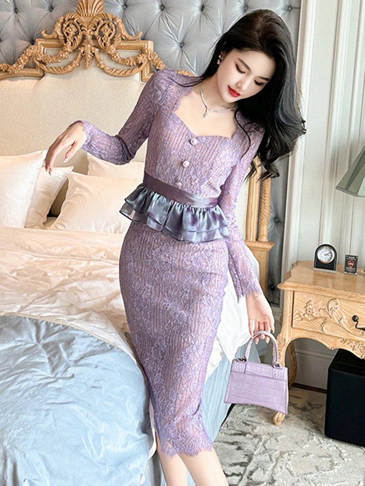 Robe française violette élégante et exquise pour femmes, en dentelle, crochet, fleur, volants ajourés, faux 2 pièces, Robe mi-longue, robes de fête et de Banquet