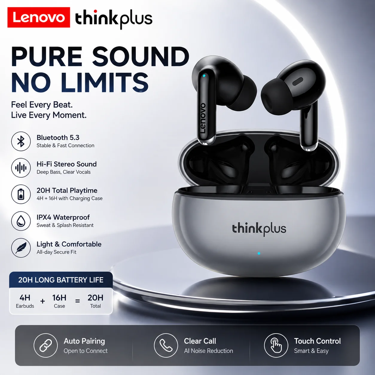 Lenovo XT88 TWS Wireless Earphones Bluetooth Dual MIC Stereo ENC Noise Reduction Bass HIFI Touch Control Earbuds Gaming Earbuds