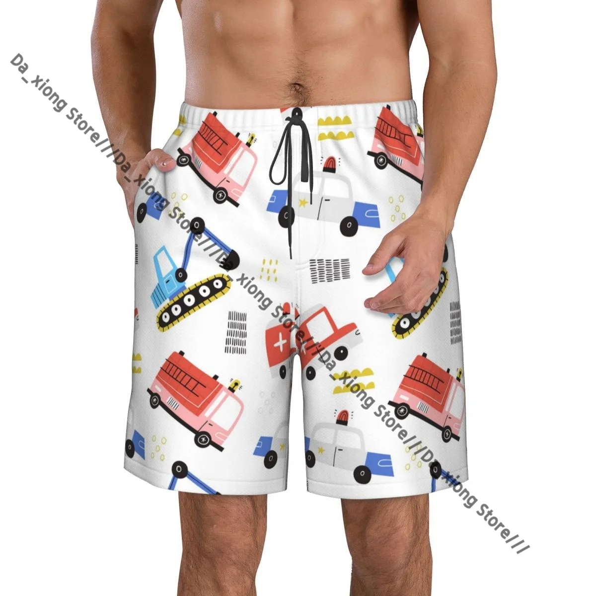 Cute Ambulance Police Car Fire Engine Truck Quick Dry Swimming Shorts For Men Swimwear Swimsuit Trunk Bathing Beach Wear