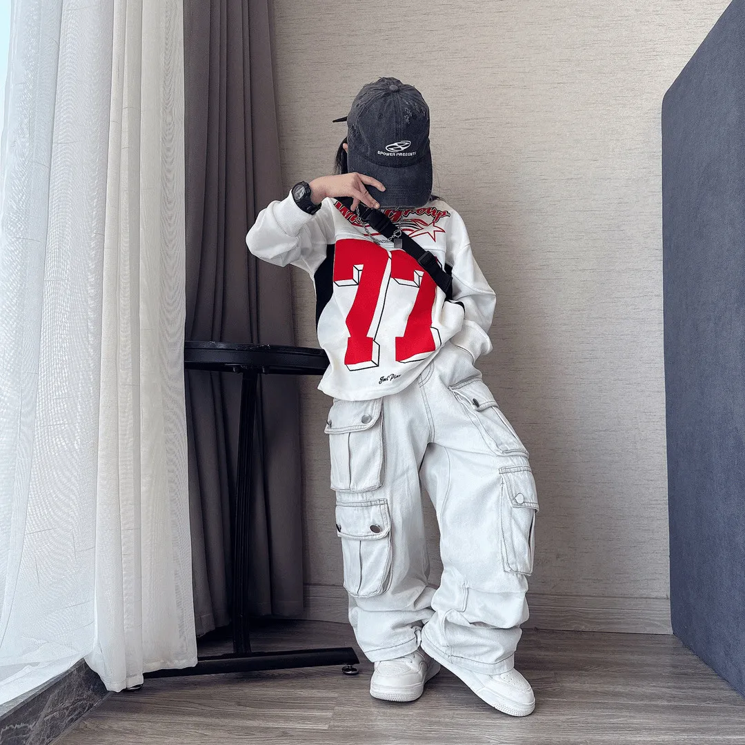 

2 4 6 8 10 12 15Y Girls' Set Spring and Autumn New Style Handsome Children's Casual Loose Hoodie+Jeans Two Piece Set