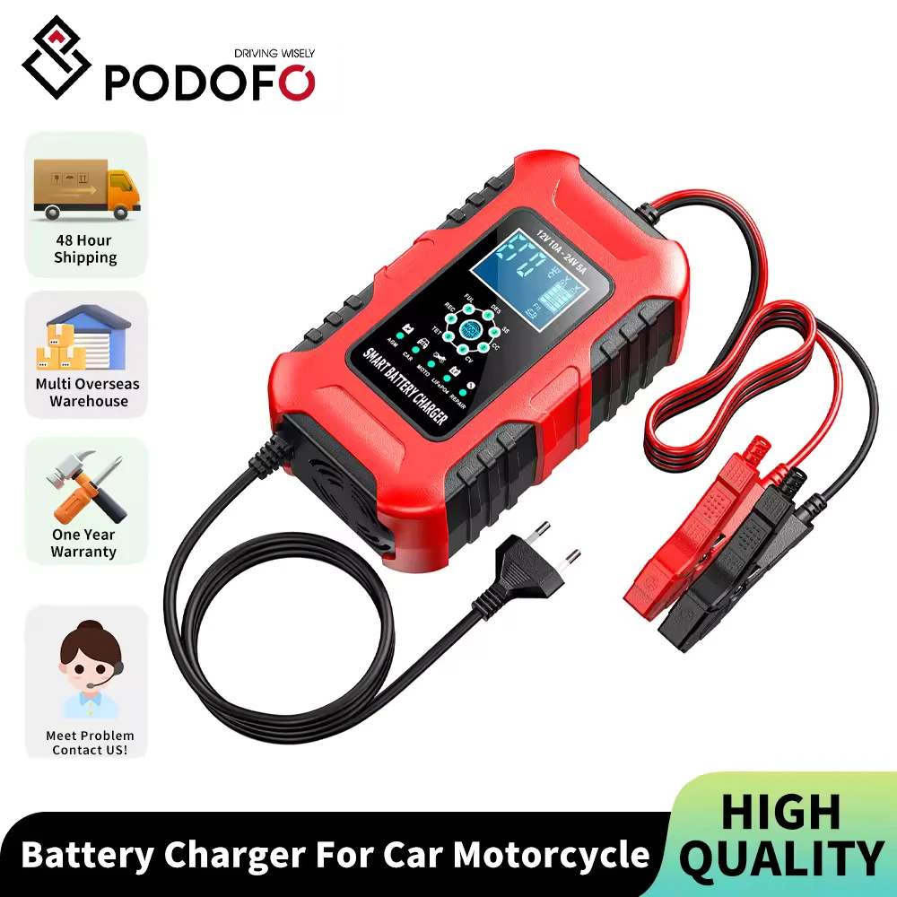 Cargador de batería de coche Podofo Pulse Repair LCD, 12V 10A / 24V 5A, para baterías de plomo-ácido húmedas y secas, para coche, SUV, motocicleta, camión