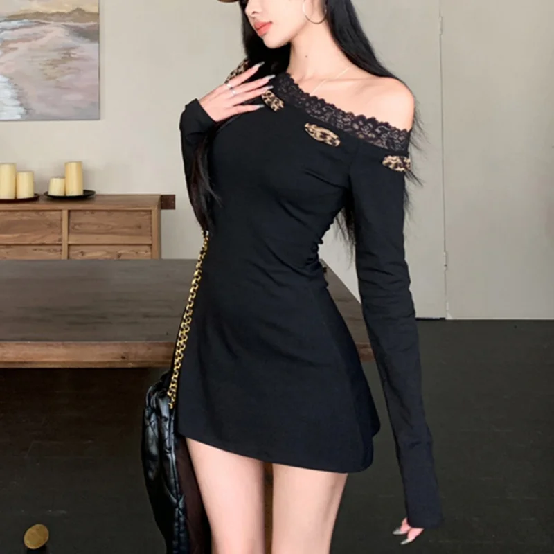 Sexy Dress Women y2k Clothes Leopard Print Lace Trim Off Shoulder Long Sleeve A Line Mini Dress Party Dresses Clubwear