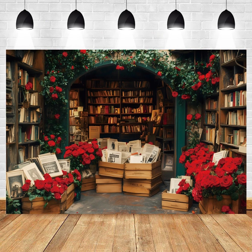 Vintage Bookstore Backgrounds For Photograph Bookshelf Wooden Crate Floral Romantic Party Reading Corner Portrait Decor Backdrop