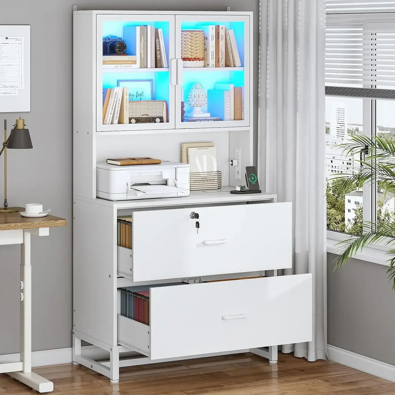 White Wood Filing Cabinet With Drawers Lock Charging Station Bookshelf Fits Letter Legal A4 Size Home Office Printer Stand Stora