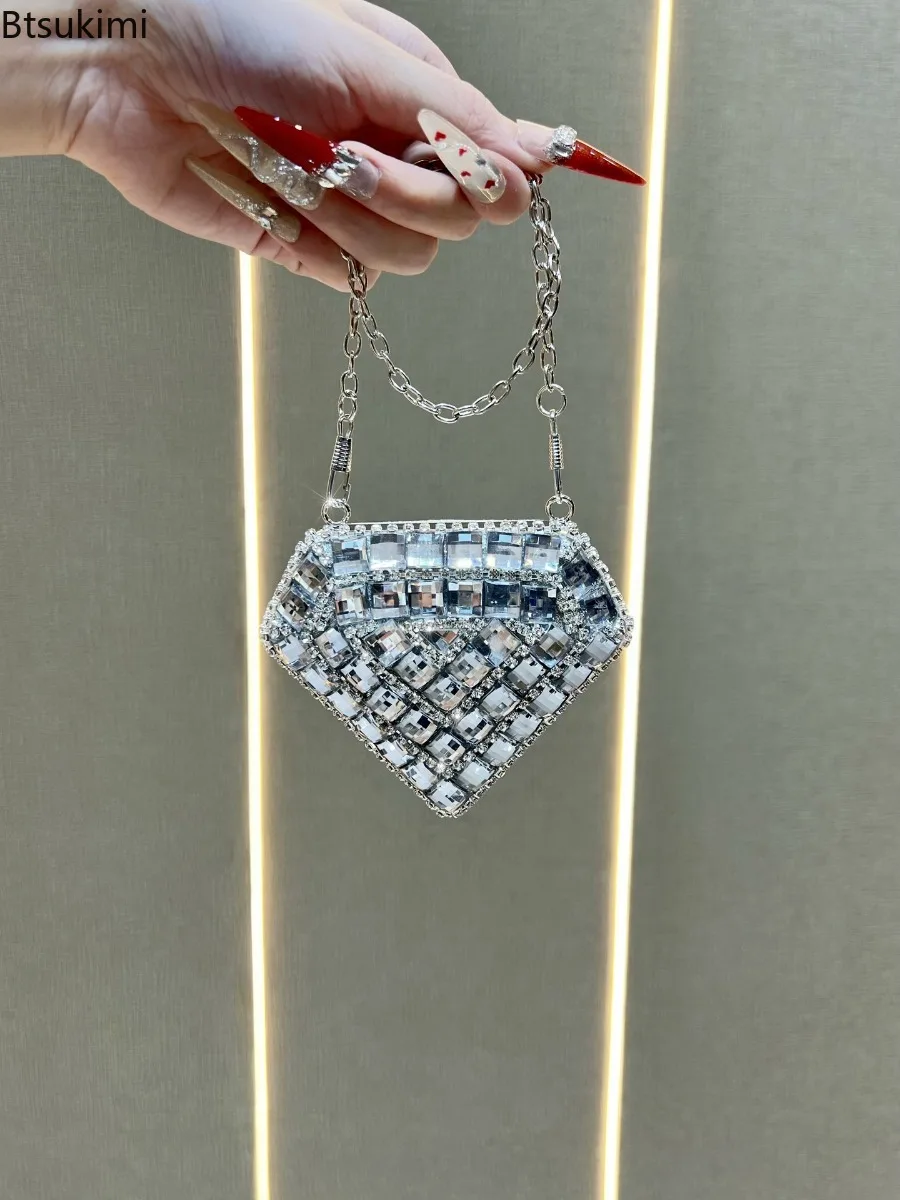 Luxury Mini Diamond Inlay Heart Shape Crystal Clutch Purse Women Evening Bag Wedding Party Shoulder Bag Bling Rhinestone Handbag