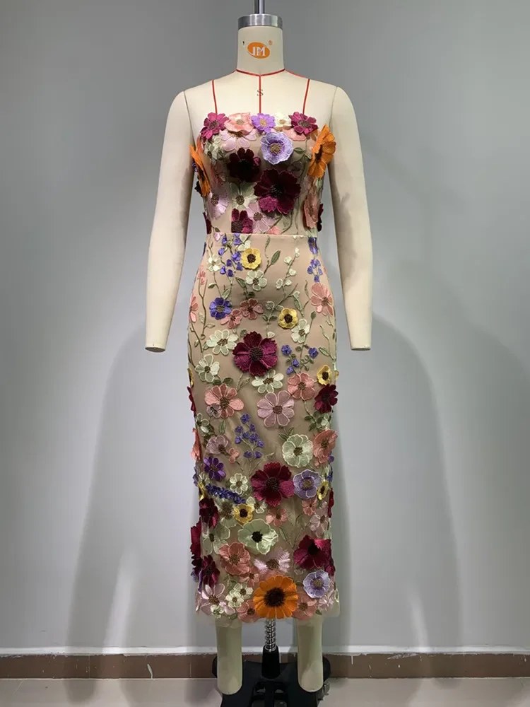 Robe de soirée mi-longue sans bretelles pour femmes, robes de gala, créateur de fleurs, mode de piste, rue haute, mince, luxe, nouveau, 2024