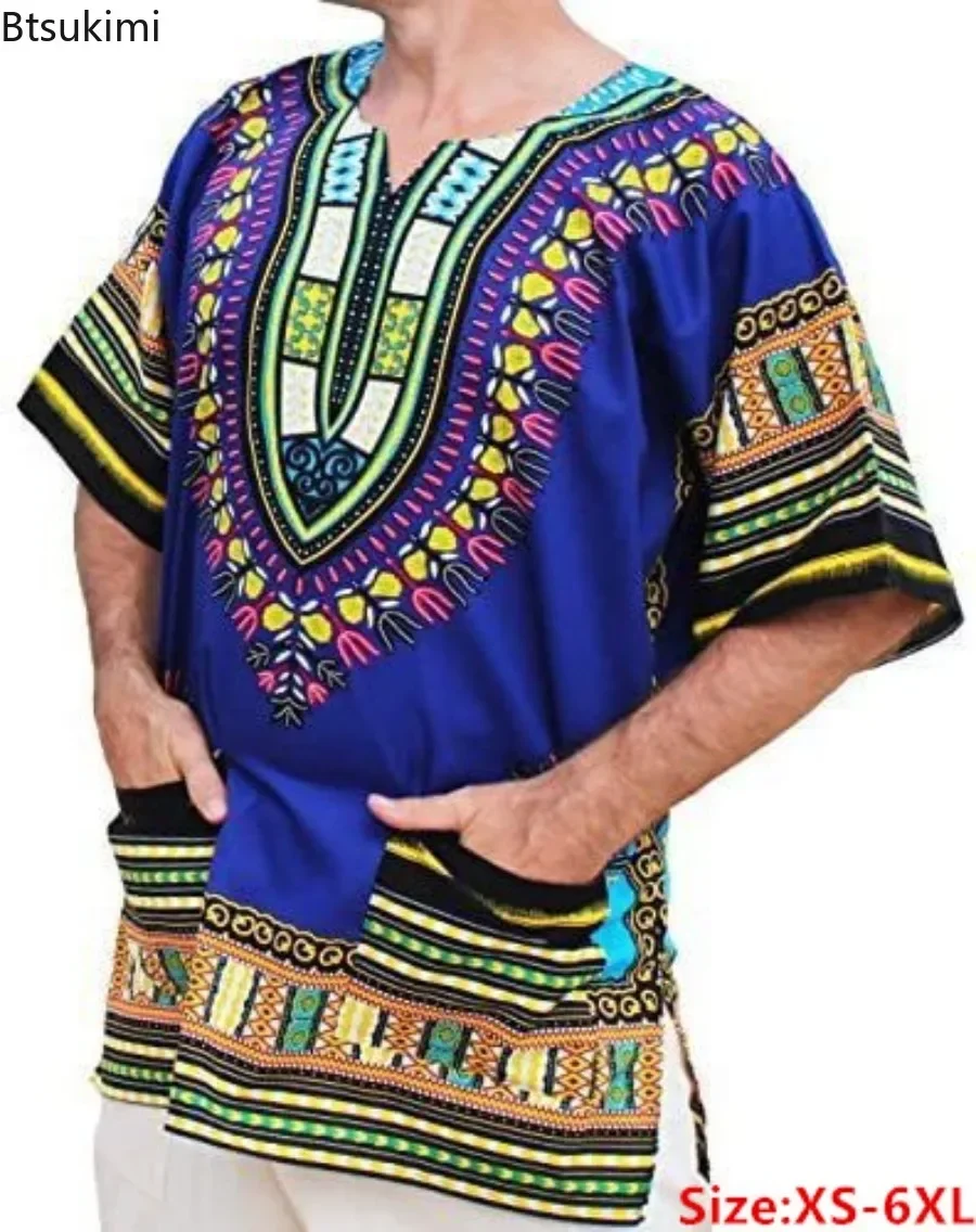 Chemises en coton africain Dashiki pour hommes, vêtements de festival, mode rétro, manches courtes, chemises imprimées, vêtements artisanaux