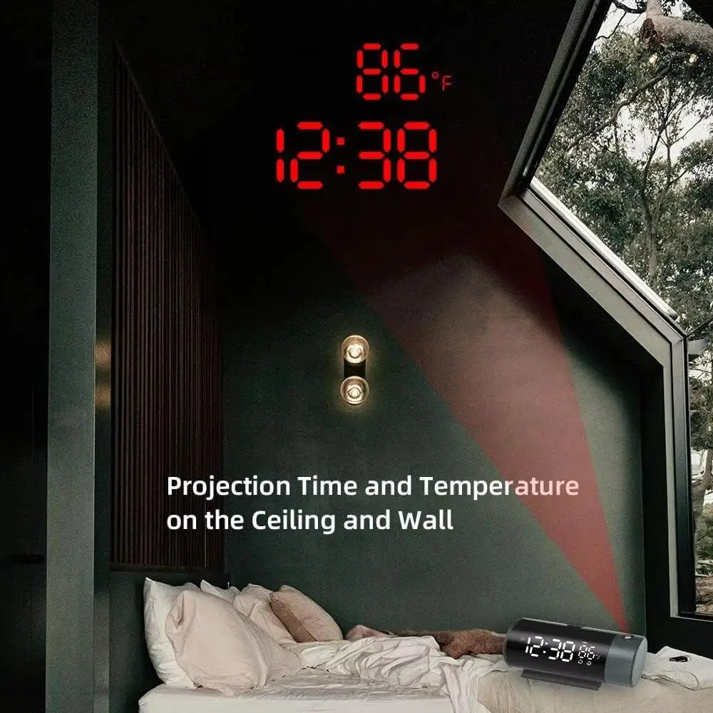 Digital Projection Alarm Clock 180°Rotatable USB Rechargeable Dual Alarm Indoor Thermometer Auto Dimmer Bedroom Bedside Clock