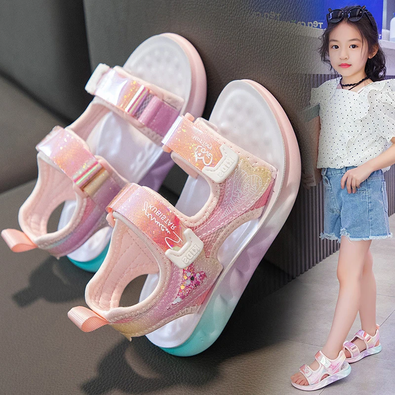 

Princess Girls Summer Sandals Colorful Shining Beach Shoes Designer Cute Children School Sports Shoes Casual Flats Size26-37