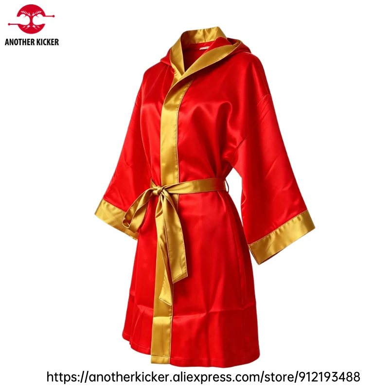 Red Gold Satin Boxing Robe Professional Fighter Walkout Gown for Muay Thai Kickboxing Match Men Women Kids Boy Girl Hooded Cloak