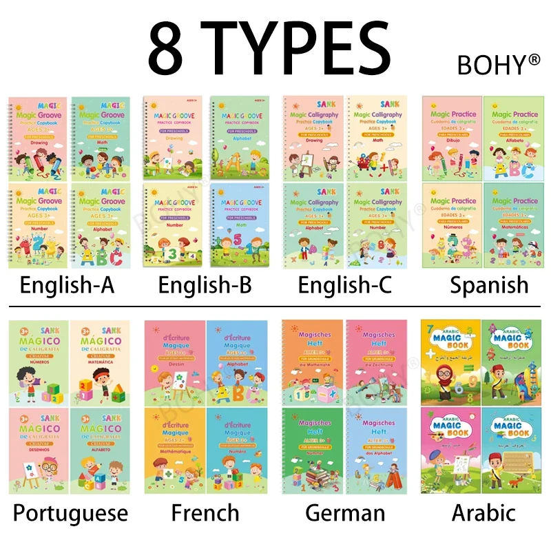 4books Sank Magic Practice Copybook Pen Preschools Kids Calligraphy Free Wiping Children Reusable Writing Book