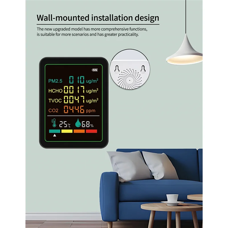 【Design elegante】 Rilevatore digitale di monitoraggio della qualità dell'aria 6In1 Formaldeide TVOC PM2.5 /CO2 Tester di umidità della temperatura
