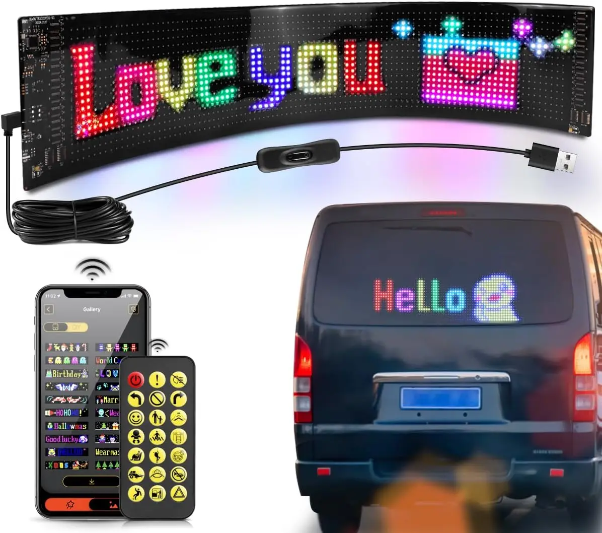 

Гибкая матричная панель 5 В, светодиодный знак на окно автомобиля, программируемый информационный дисплей, индивидуальный анимированный текст RGB, управление через приложение Bluetooth